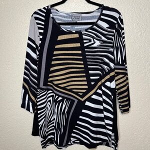Lynn Ritchie Silver Black White Tan Modern Geometric Pattern Top Women's Size L